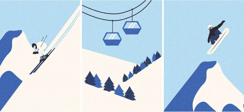 Flat vector winter sports illustration featuring a skier on a slope, a snowboarder jumping off a mountain, and ski lifts above snowy pine hills. Minimalist modern design with bold colors, perfect for 