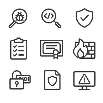 Security Icon Set. Outline icon set of security scanning and compliance: vulnerability scanner, code scan, security badge,