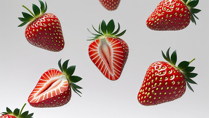 Fresh strawberries floating on white background
