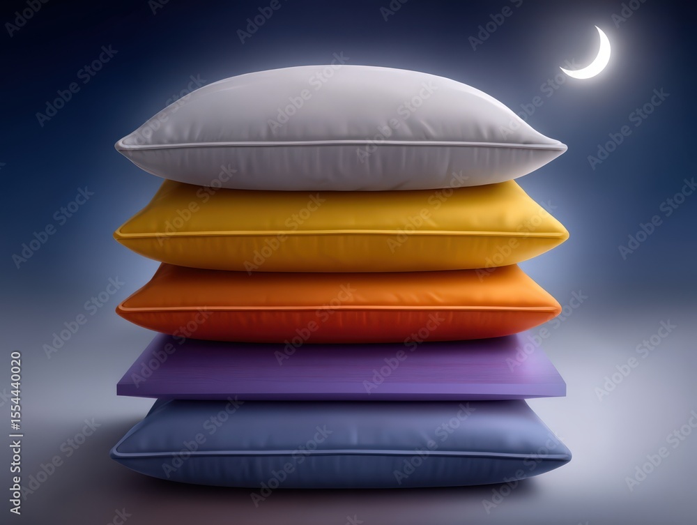 Poster a vibrant stack of cushions in various colors under a crescent moon creating a serene sleep environm