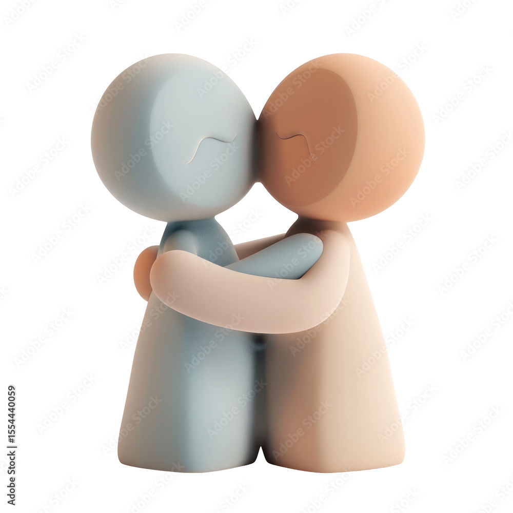 Poster two abstract characters embracing in a gentle kiss signifying love and connection in soft pastel col