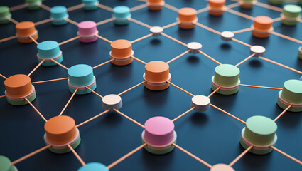 Network of colorful cylinders connecting with orange sticks on dark blue background