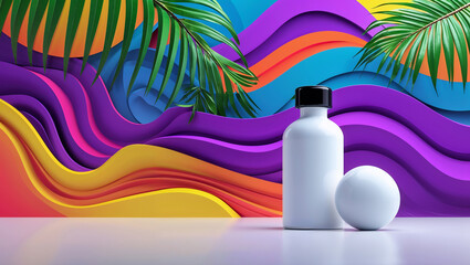 White cosmetic bottle and sphere on white table with colorful tropical background