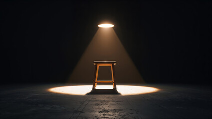 Single wooden stool illuminated by spotlight in dark room