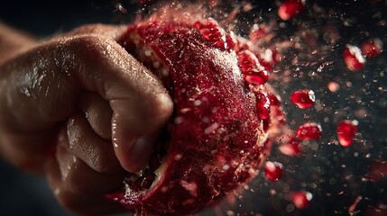 Hand crushing a pomegranate, bursting seeds and juice creating a dynamic splash of fruit