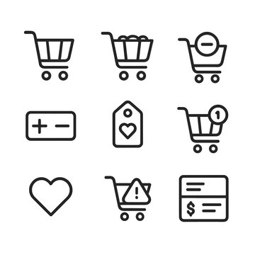 Shopping Cart Icons. Outline icon set of Shopping Cart Management: empty cart, filled cart, remove item button, update quantity