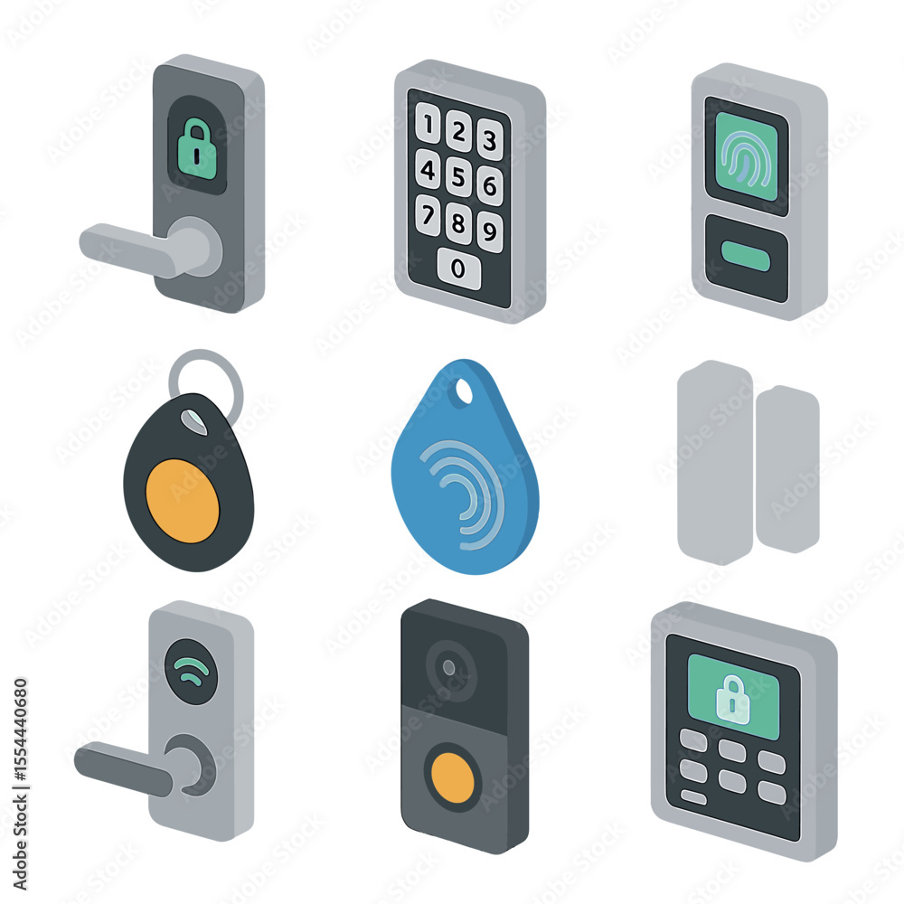 Poster smart locks icon set. isometric flat icon set of smart door locks and access control: smart lock, ke
