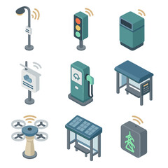 Smart City Icon Grid. Isometric Flat icon set of smart city infrastructure: sensor-equipped streetlamp, autonomous traffic signal,