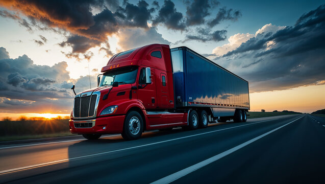 Red truck delivering goods on highway at sunset