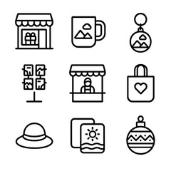 Souvenir Icon Set. Outline icon set of souvenir shopping stops: gift shop, souvenir mug, keychain, postcard rack, local artisan