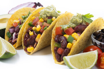 Vegan mexican Taco with beans and guacamole isolated on white background	
