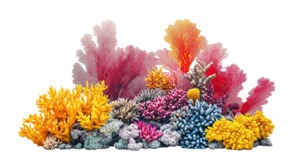 Bright colorful coral reef isolated on transparent, beautiful tropical underwater life concept. PNG