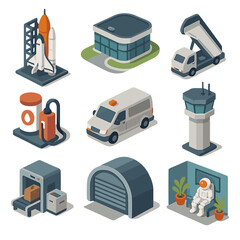 Naklejka premium Spaceport Facilities Icons. Isometric Flat icon set of spaceport facilities: launch tower, passenger terminal, boarding ramp,