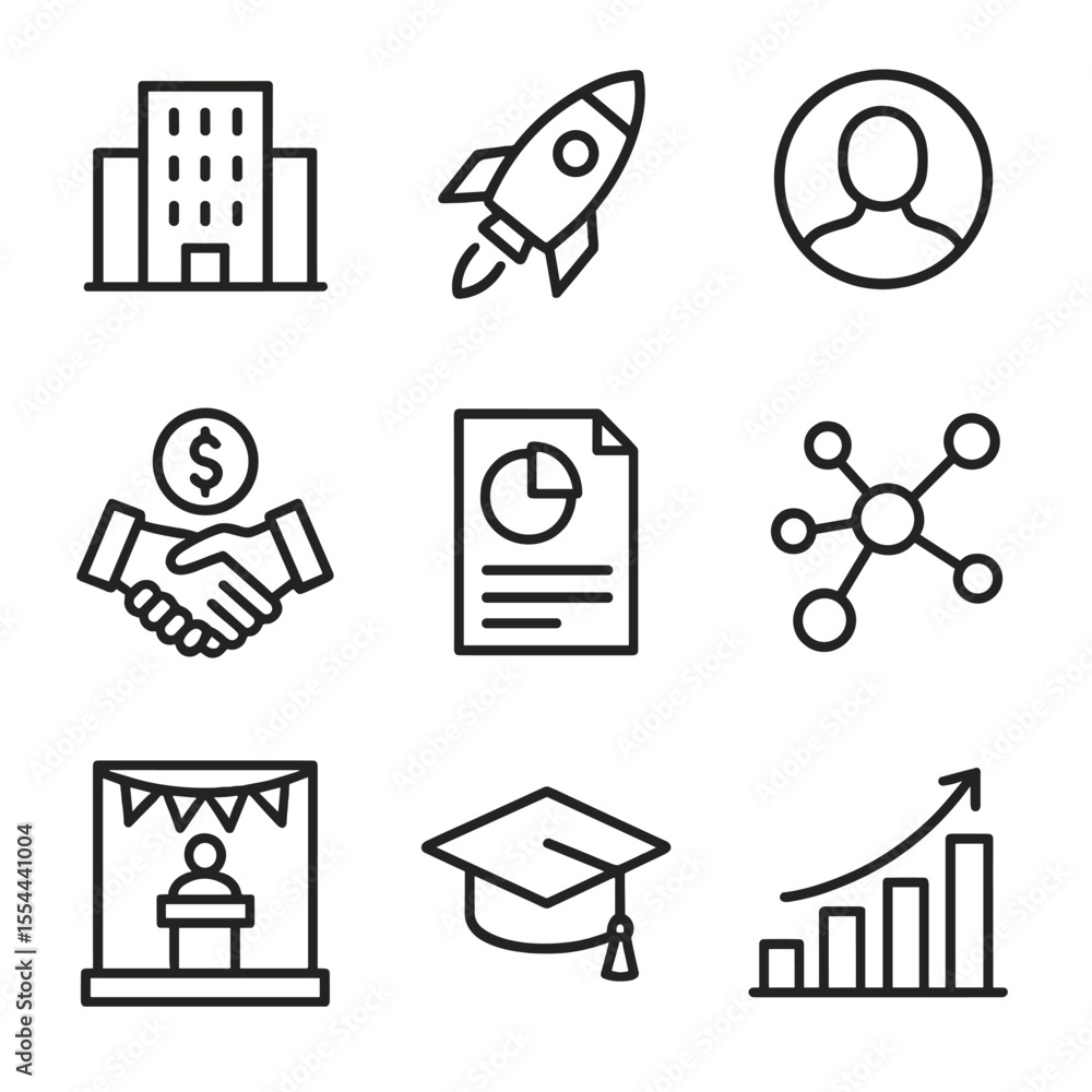Aufkleber startup icons set. outline icon set of incubators and accelerators: building icon, acceleration rock