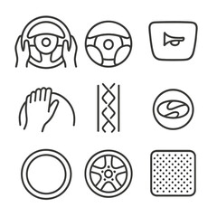 Steering Wheel Icon Set. Outline icon set of precise hand positioning POV: steering wheel, 10-and-2 hand marks, airbag cover, horn