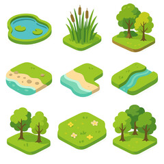 Stopover Habitat Icons. Isometric Flat icon set of stopover habitats and resting sites: wetland pond, marsh reeds, forest edge,