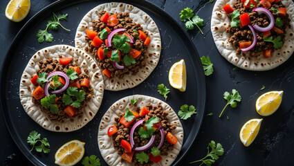 Delicious homemade minced beef wraps with tomatoes, onions, and coriander served on a black plate