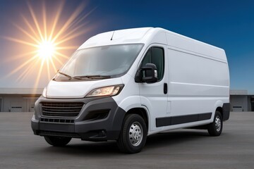 Fototapeta premium Modern delivery van parked in an industrial setting under a bright sun reflecting on metallic surface showcasing transportation efficiency and commercial mobility solutions