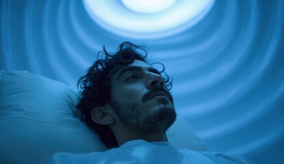 A thoughtful man lies in a tranquil blue-lit chamber, gazing at the ethereal concentric light patterns above.