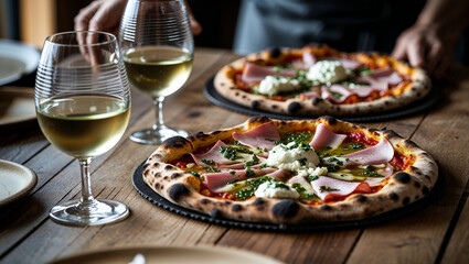Chefs placing gourmet pizzas with ricotta, ham, and pesto on restaurant table with white wine