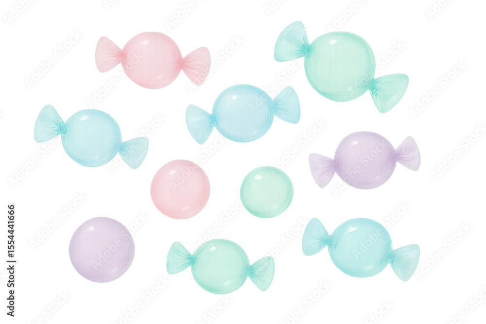 Poster multiple pastel-colored wrapped candies floating on a transparent background, creating a sweet and p