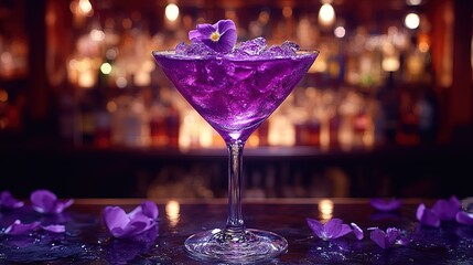 ：Martini glass of purple cocktail on bar counter, decorated with purple flower and ice cubes, surrounded by purple petals, bar setting background creating exquisite romantic atmosphere for bar and dat
