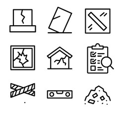 Structural Damage Icons. Outline icon set of structural damage assessment: cracked foundation, tilted wall, fallen beam, broken
