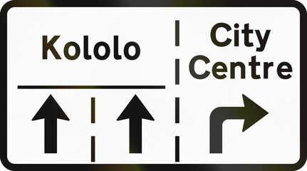Guidance road sign in Uganda - Lane pre-selection sign on minor road for Kololo and City Centre