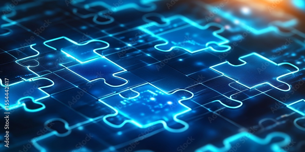Poster connecting digital puzzles a symbol of integration in a tech canvas with interlocking parts