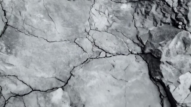 Monochrome texture of cracked rock surface with fissures, geological formations create a textured abstract pattern in gray tones, natural backdrop.
