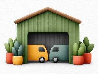 Colorful garage illustration featuring two vehicles and lush green plants emphasizing modern design aesthetics and playful creativity in a contemporary artistic setting