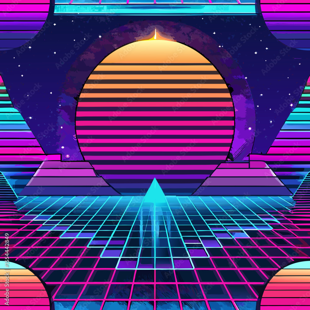 Poster retro-futuristic seamless vector pattern with vibrant neon colors and shapes