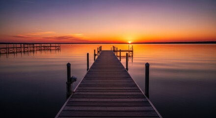 Obraz premium A Wooden Dock Leads Out Into a Serene Lake at Sunset