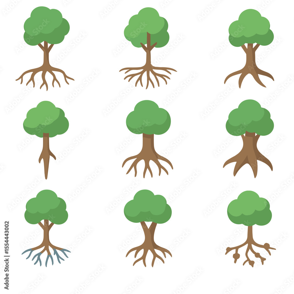 Poster tree root icon set. isometric flat icon set of tree root systems: anchor root, feeder root, lateral 