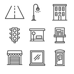 Urban Isolation Icons. Outline icon set of urban isolation: empty street, street lamp, building facade, traffic light, bus stop,