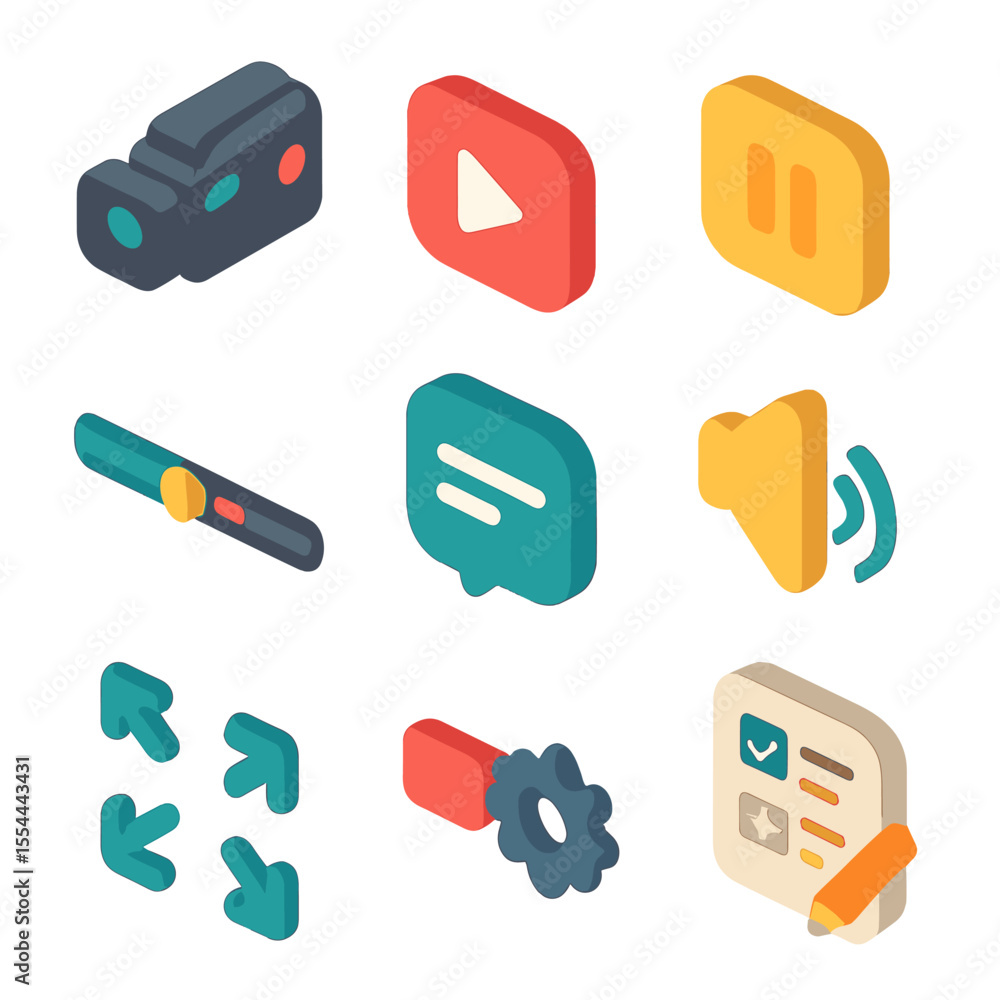 Poster video lecture icons. isometric flat icon set of video lectures: camera, play button, pause button, v