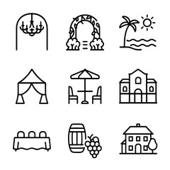 Fototapeta premium Venue Icon Set. Outline icon set of venue selection: ballroom, garden venue, beachfront, marquee tent, rooftop terrace, historic