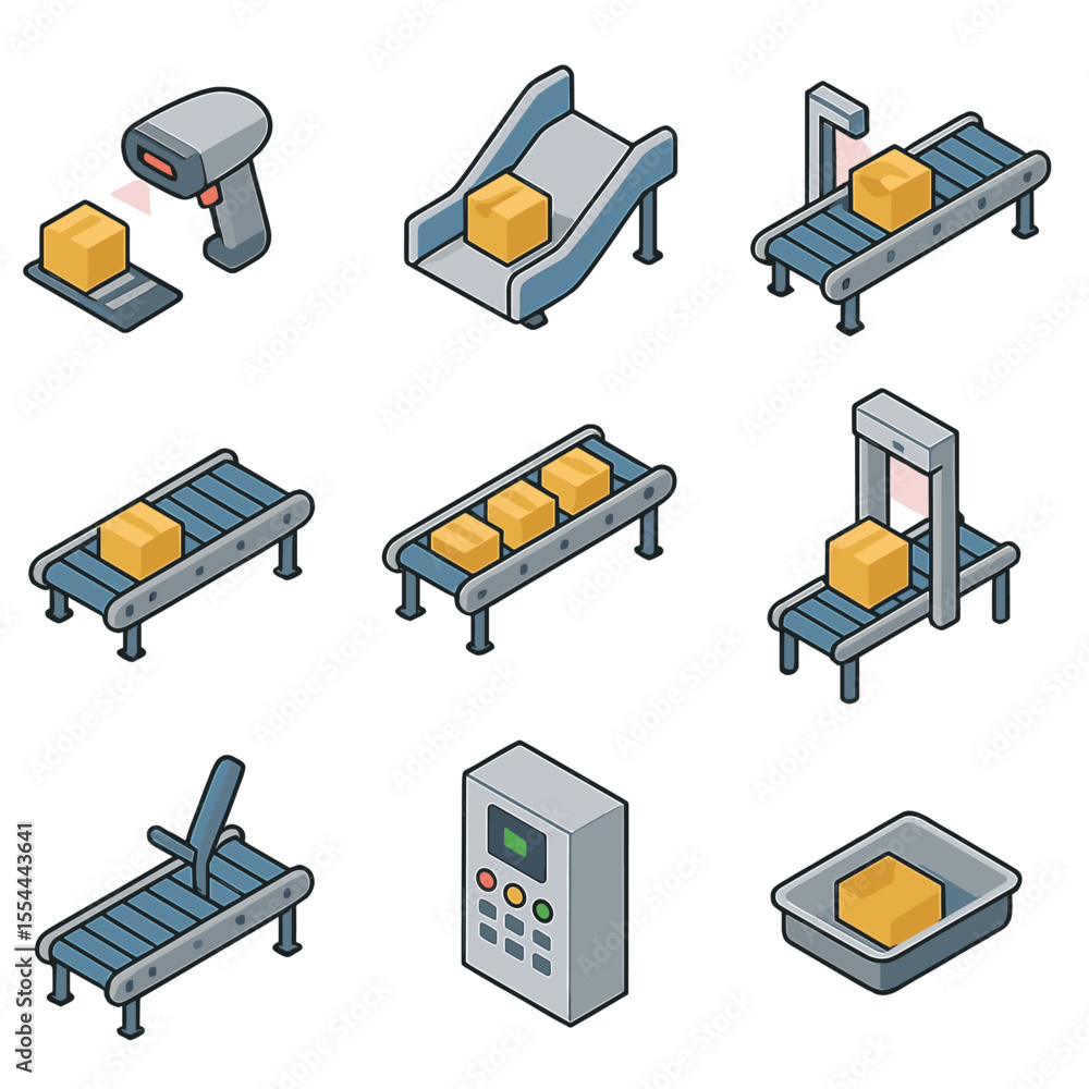 Poster warehouse icon set. isometric flat icon set of warehouse sorting systems: barcode scanner, sortation