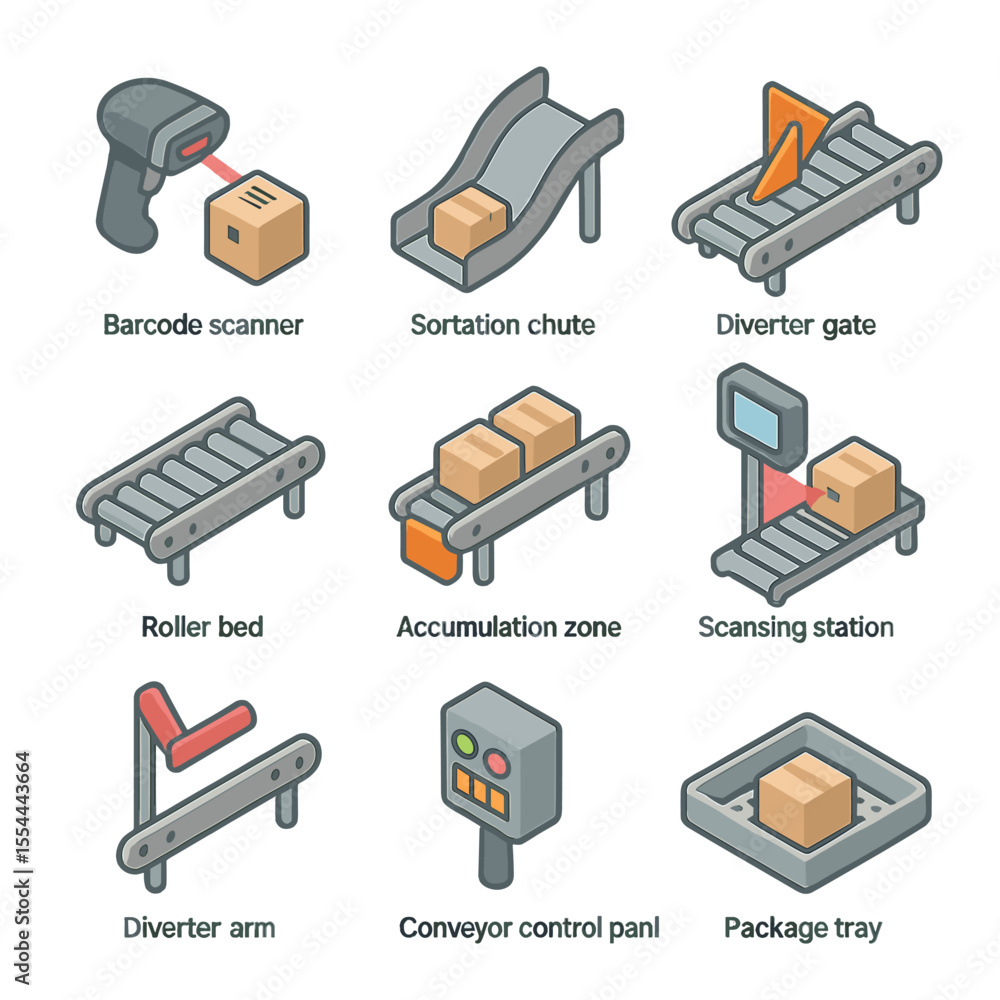 Poster warehouse icon set. isometric flat icon set of warehouse sorting systems: barcode scanner, sortation