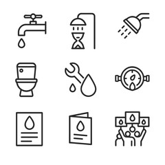 Water Conservation Icons. Outline icon set of water conservation awareness: faucet turned off, shower timer, low-flow showerhead,