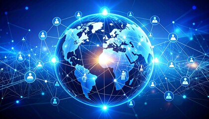 Global Network: A vibrant blue globe surrounded by interconnected user icons, representing global connection and communication.