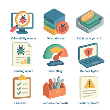 Vulnerability Assessment Icons. Isometric Flat icon set of vulnerability assessment activities: vulnerability scanner, CVE
