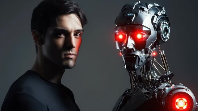 Man and a futuristic robot turn to face the camera. The robot has ominous red eyes. Perfect for themes of AI and the future. Clash of worlds: a man and his mechanical likeness. Evolution of technology