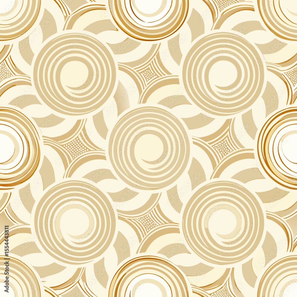 Poster overlapping circles with diamonds and geometric shapes in beige and gold seamless vector pattern
