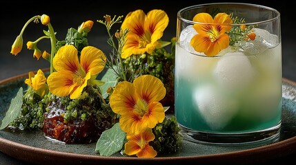 Creative drink paired with dish decorated with yellow flowers and green herbs on dark plate, presenting exquisite gourmet plating,