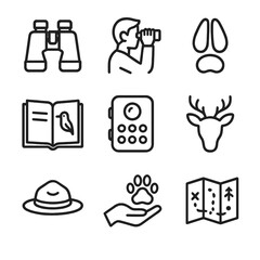 Obraz na płótnie Canvas Wildlife Conservation Icons. Outline icon set of wildlife conservation tourism: binoculars, birdwatching, tracker footprint,