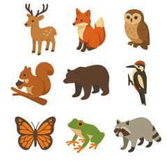 Obraz premium Wildlife Isometric Icons. Isometric Flat icon set of forest wildlife and fauna: deer, fox, owl perched, squirrel on branch, bear