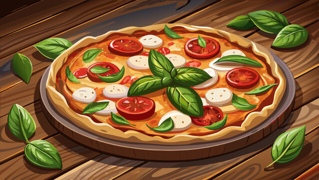 pizza, basil, mozzarella, golden crust, wood-fired, Italian food, lunch, dinner, baked, semi-realistic, realistic, tomato, cheese, dough, slice, herbs, garlic, olive oil, wood texture, rustic, melted,