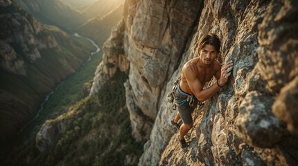 Athletic young man rock climbing on steep cliff face with mountain valley background at golden hour