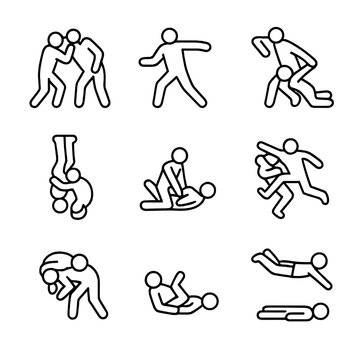 Wrestling Finisher Icons. Outline icon set of pro wrestling signature finishers: Stone Cold Stunner pose, People&rsquo;s Elbow motion,